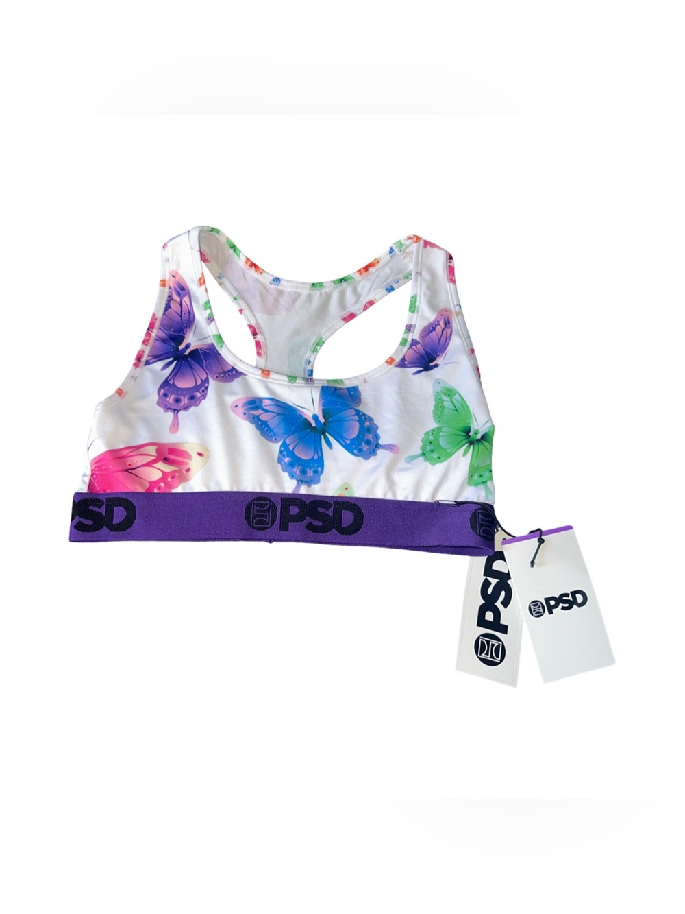 PSD White Butterfly Sports Bra with Purple Band